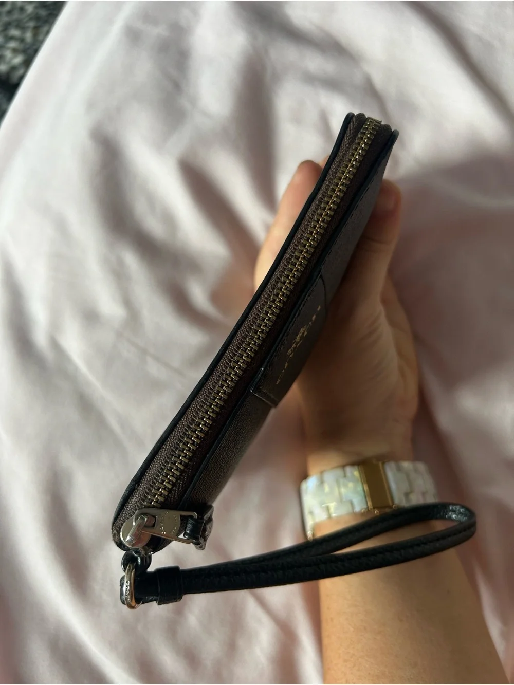 Coach F54429 Signature Canvas Leather Corner Zip Wristlet Brown Black